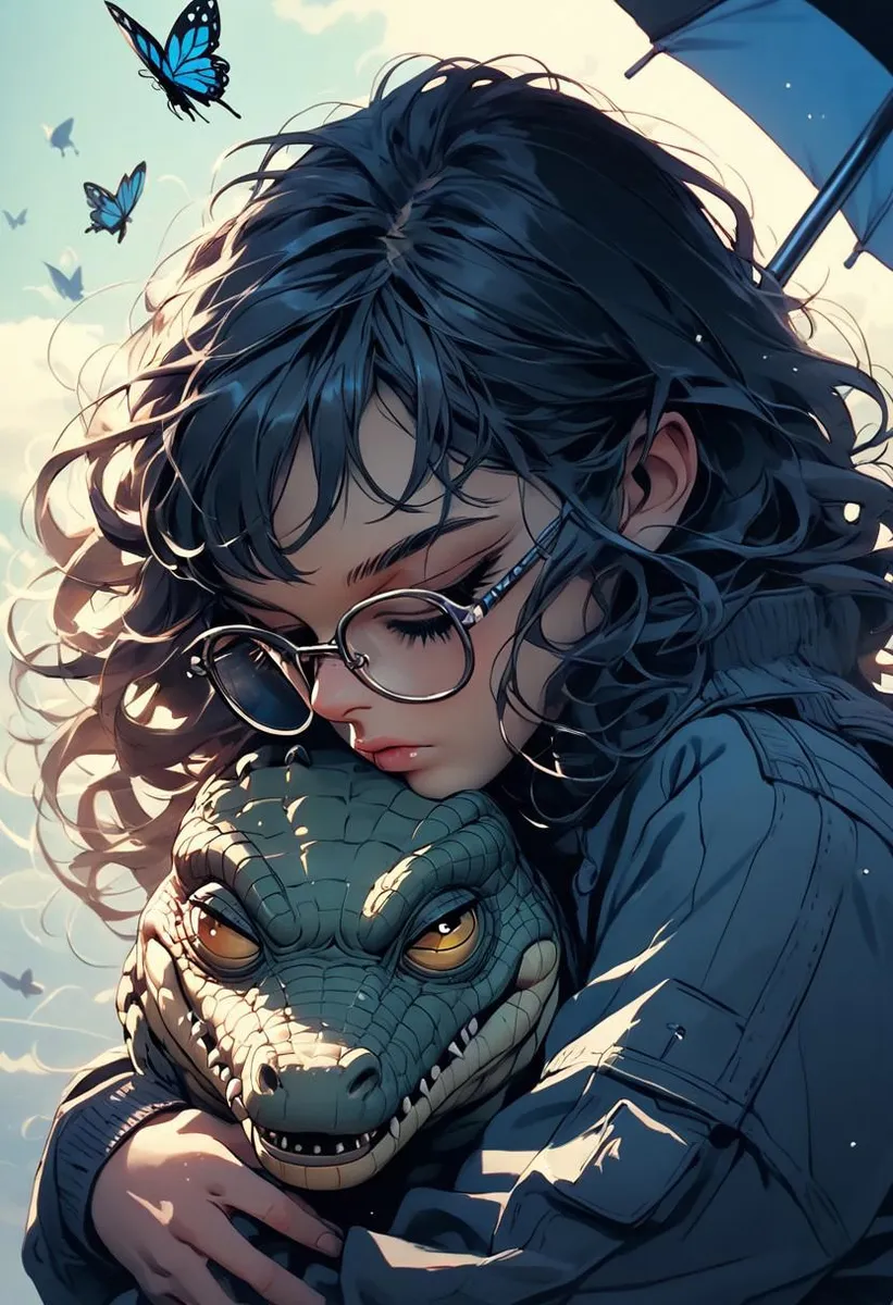 Digital art of a woman with big glasses embracing a small crocodile in a sunny, rainy day setting.