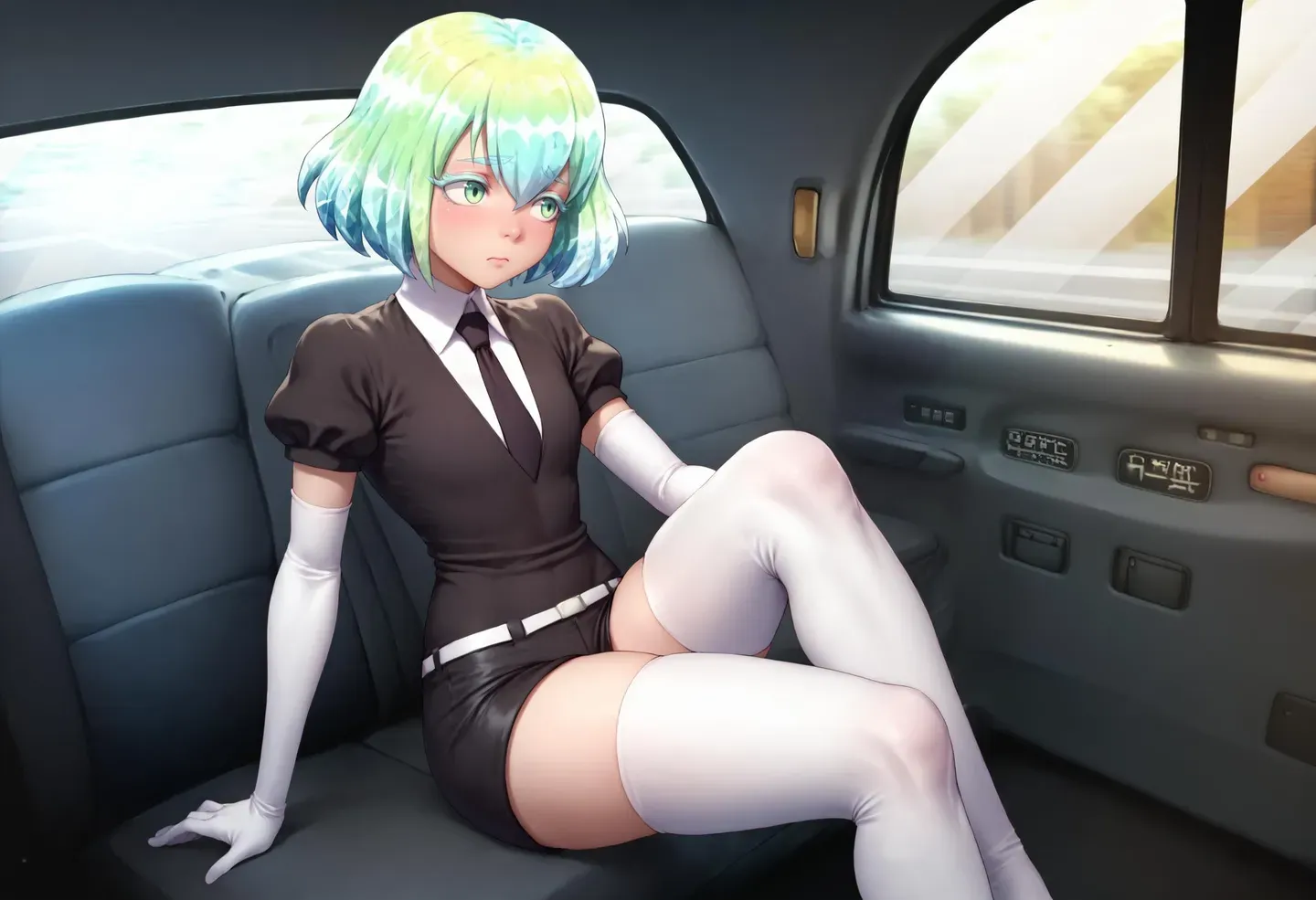 クリスタルヘアのアニメキャラクターが車内に座っている。