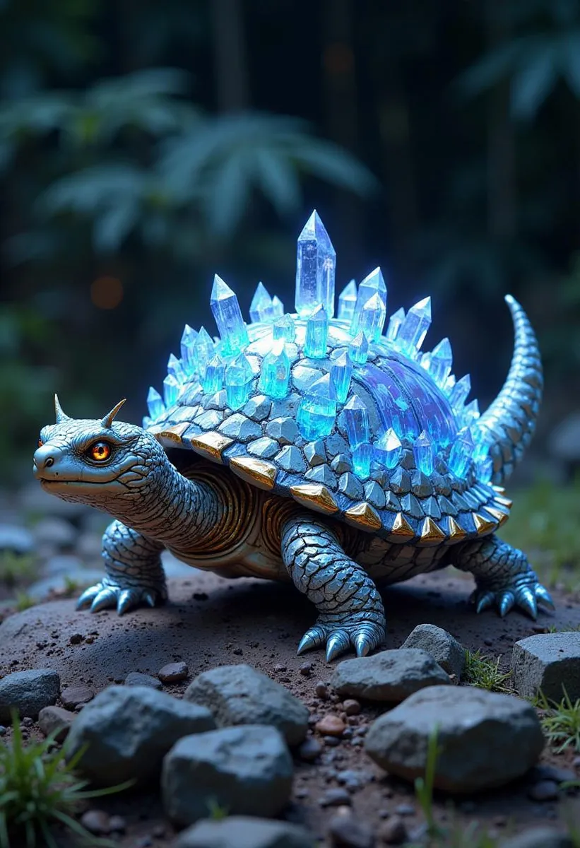 Fantasy turtle pet with crystalline armor and serpentine features.