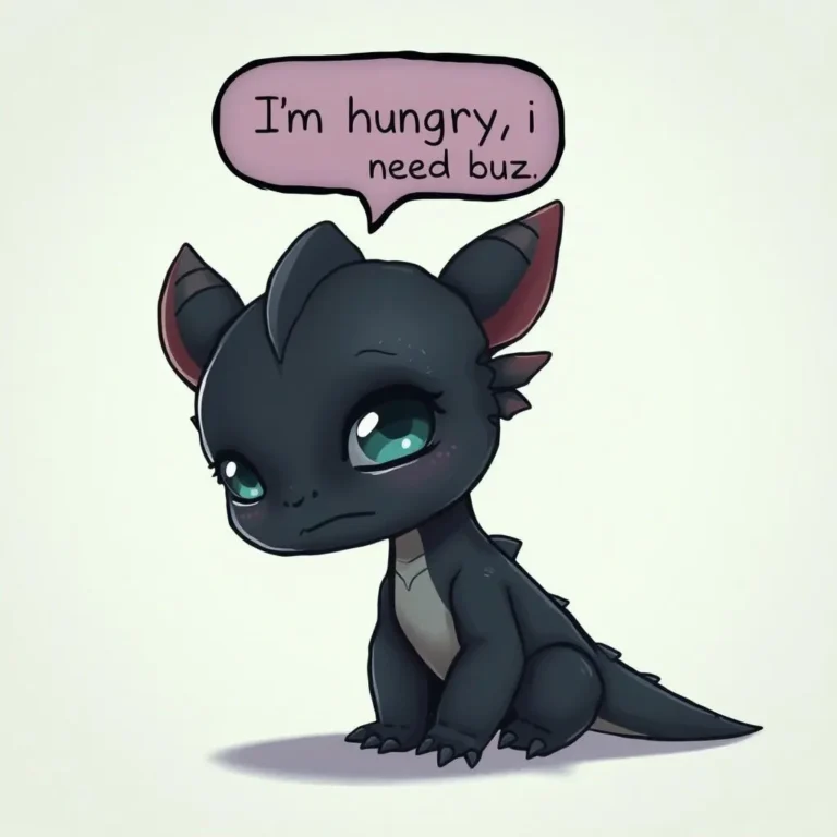 A cute, sad black baby dragon with large eyes and a chat bubble above saying 'I'm hungry, I need buzz pls.'