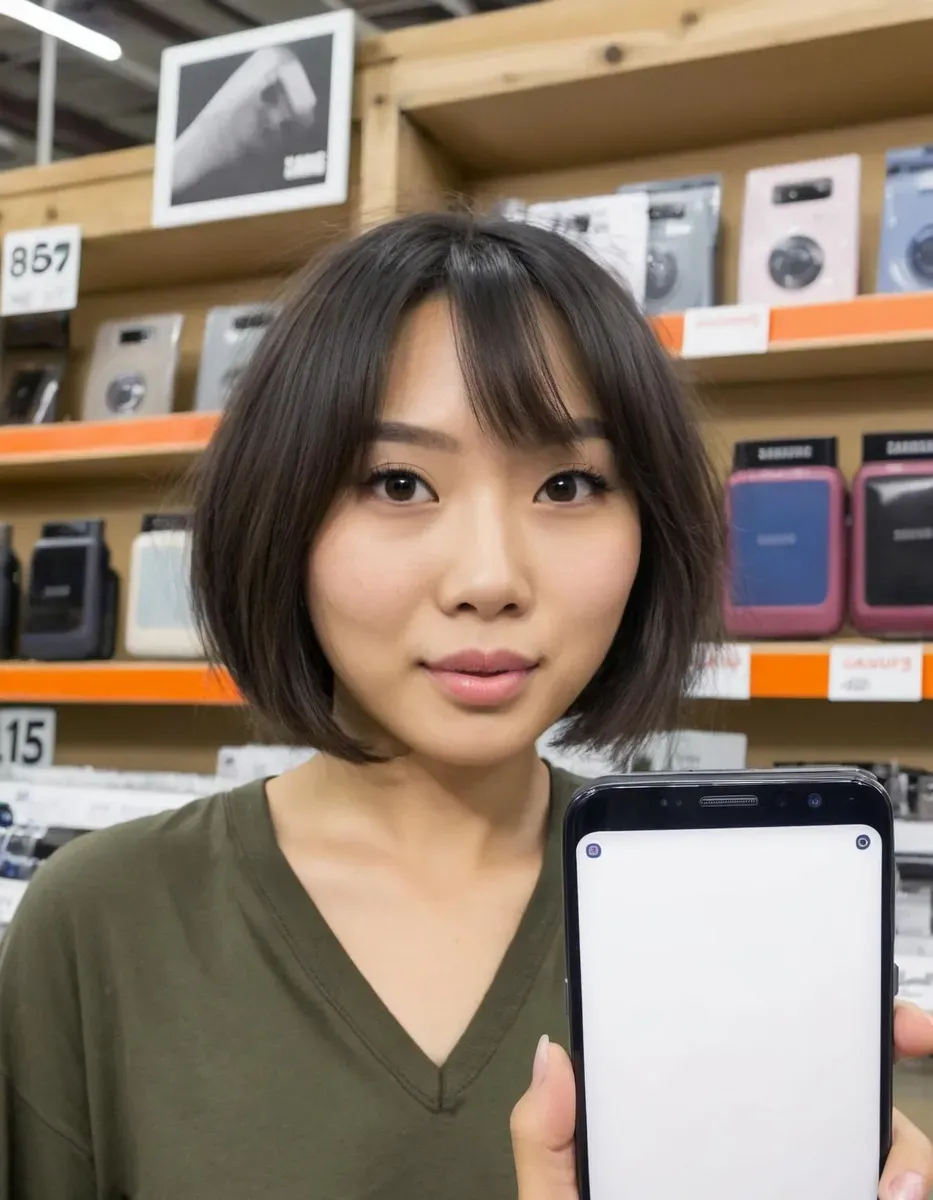 アウトドア用品店で黒い乱れたボブヘアの女性をSamsung Galaxyで撮影したクローズアップセルフィー。