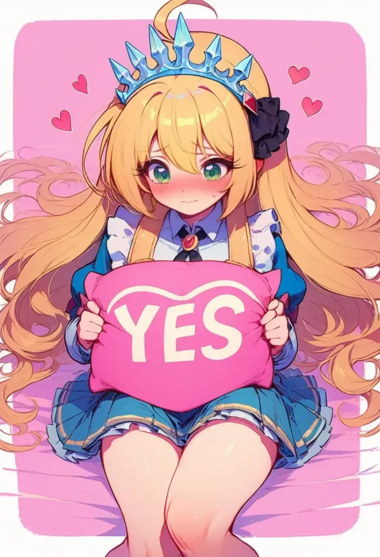 アニメ少女がピンクの「YES」枕を持ちながら、長い金髪と青い服を着て頬を赤らめている様子。