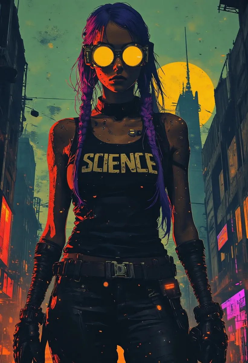 Cinematic low angle of a cyberpunk female with purple hair and welding goggles, set against a neon-lit cityscape.