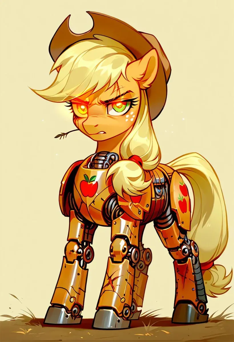 ロボットアーマーと光る目を持つApplejackに似たサイボーグポニー、ホラーアートスタイルで描かれています。