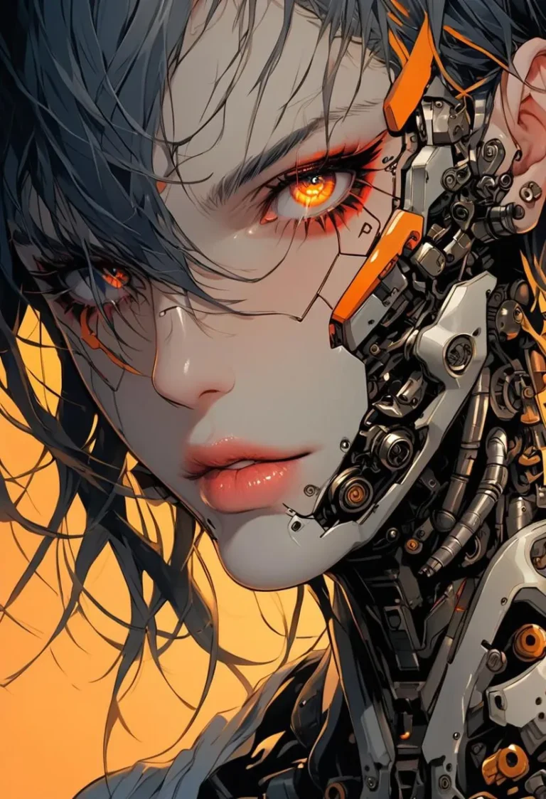 A detailed humanoid cyborg with mechanical features and glowing eyes