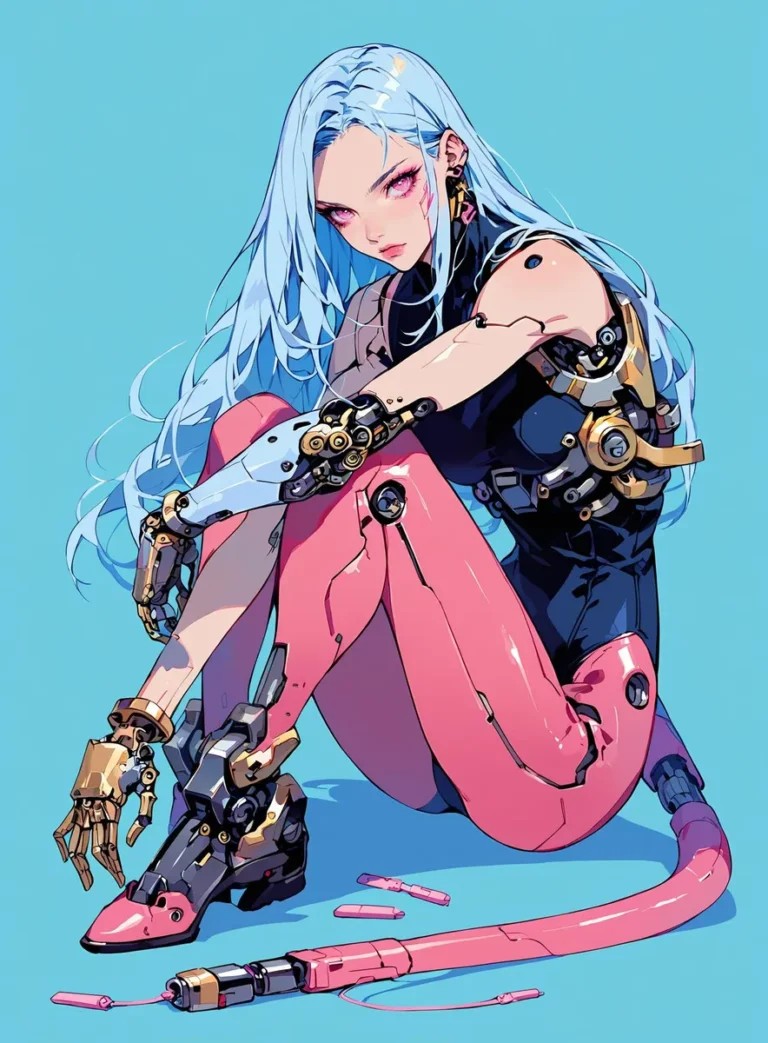 Cyborg girl with light blue hair and pink eyes, featuring mechanical hands and joints, in a flat color style with a simple background.