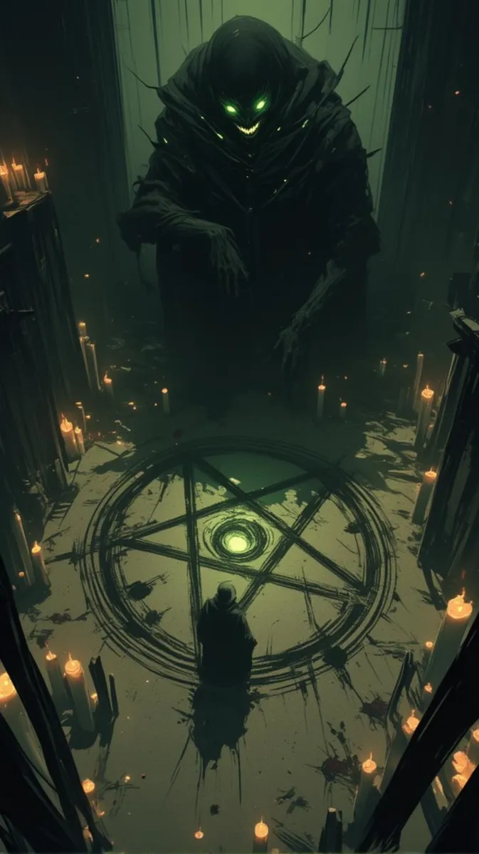 A dark fantasy room with a demon emerging from a glowing pentagram surrounded by candles.