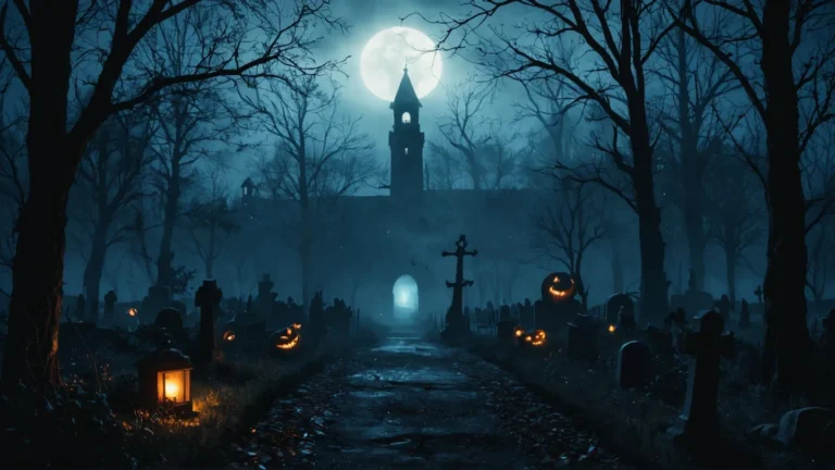 A spooky dark graveyard at night with glowing pumpkins, eerie lighting, and a ghostly atmosphere featuring a silhouetted building against a full moon.