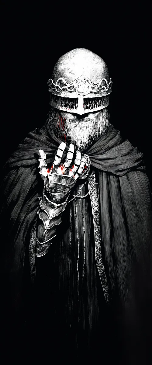 Faceless knight in dark robe with a bloodstained hand against a black background.