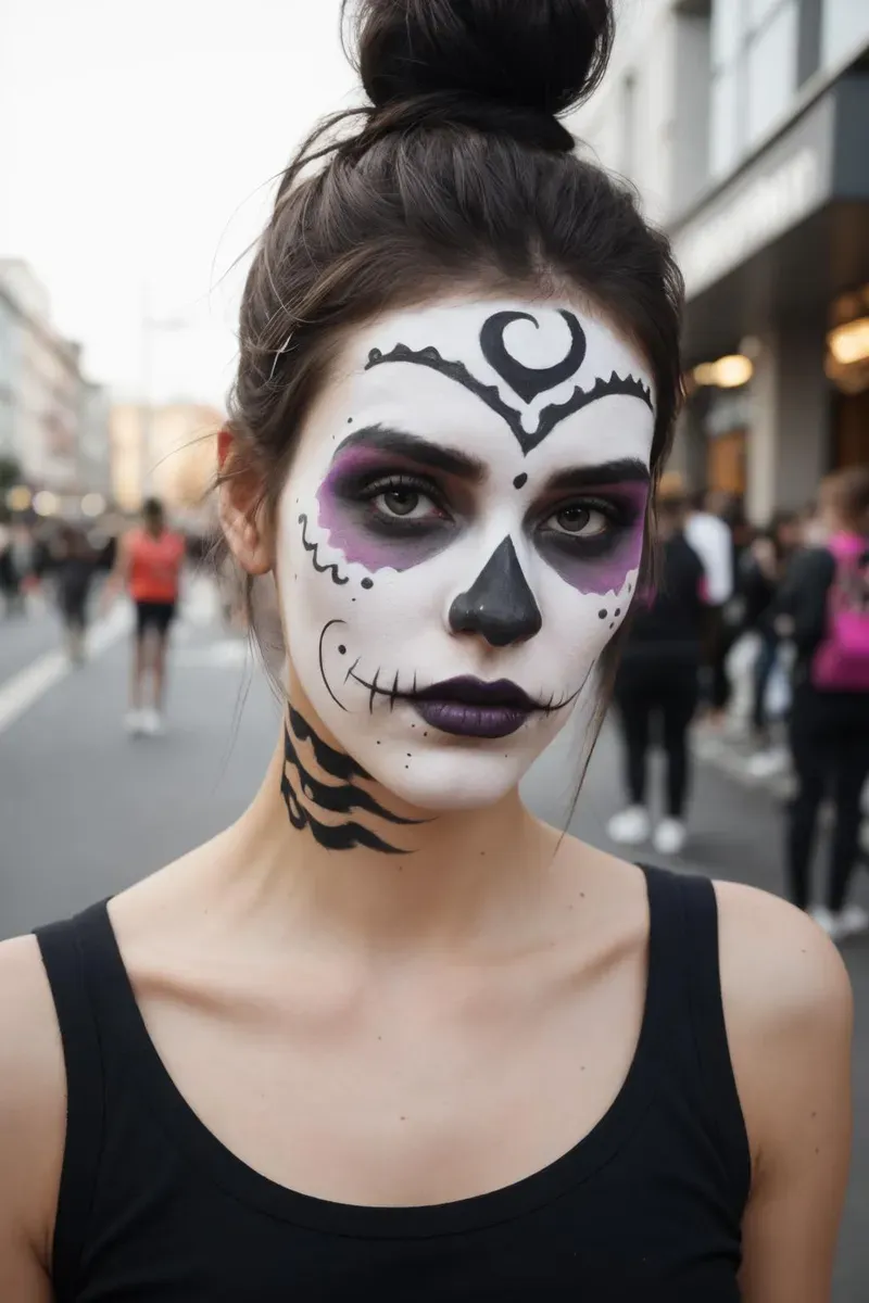 死者の日のフェイスペイントをした、お団子ヘアのスレンダーな女性が抗議中。