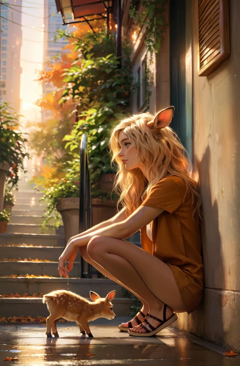 A deer girl with golden blonde hair squatting in an autumn city, leaning on a wall by wet pavement.