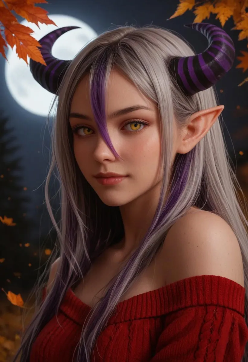 A demon girl with multicolored hair and horns in an autumn setting.