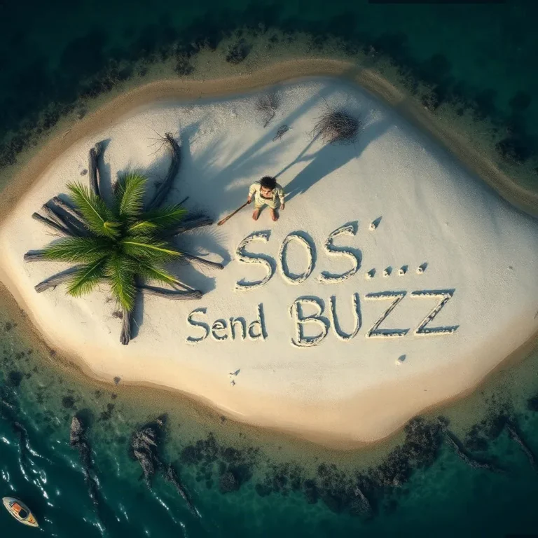 An aerial view of a deserted island with a castaway spelling 'SOS...Send BUZZ' in the sand using driftwood.