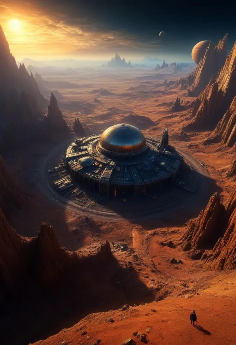 Highly detailed beautiful landscape of a deserted planet, featuring dome-like houses and a giant planet in the sky, in George Lucas art style.