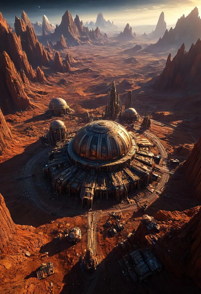 Photorealistic landscape of a deserted planet with dome-like houses and twin giant planets in a cinematic style.