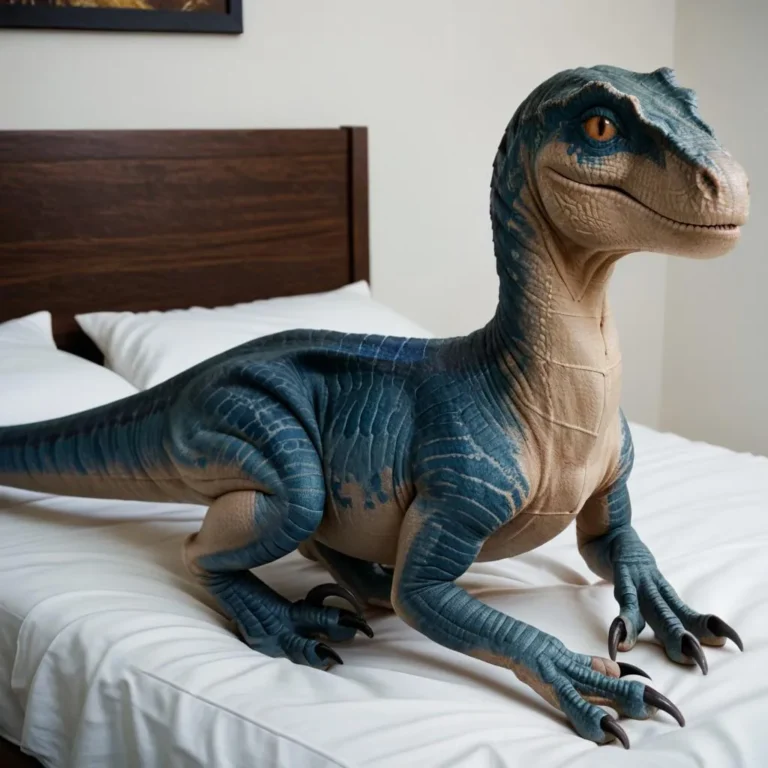 A realistic raptor with blue scales and yellow eyes lying on a white bed in a bedroom.