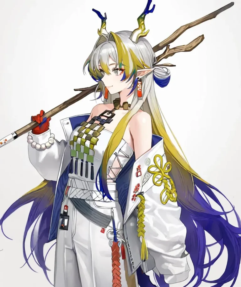 Dragon girl with blonde multicolored hair and dragon horns, wearing a white jacket and pants, standing against a grey background.