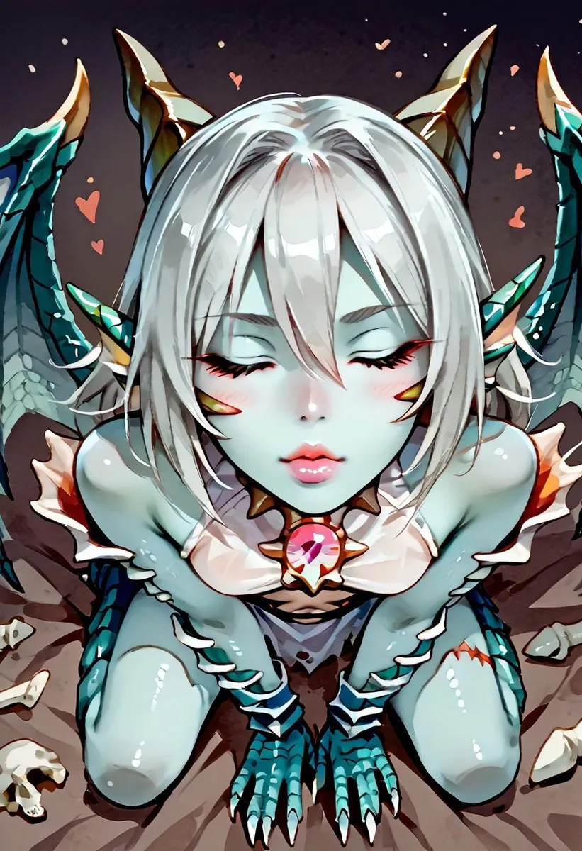 A highly detailed watercolor of a teal-skinned dragon girl with closed eyes, expressive wide lips, and detailed wings viewed from above.