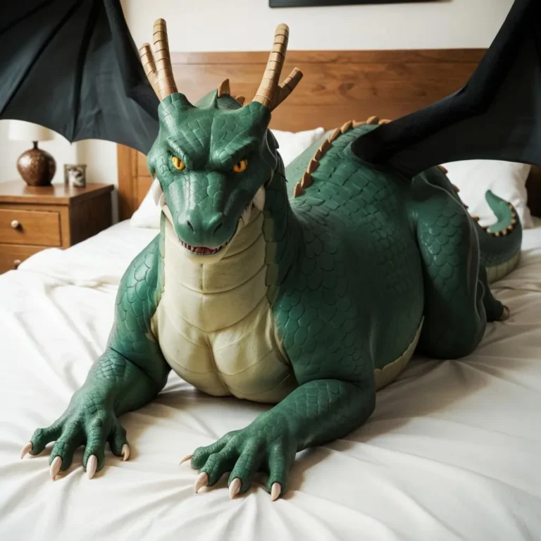 Realistic dragon girl with green scales and black wings lying on a white bed, looking at the viewer with seductive yellow eyes and slit pupils.