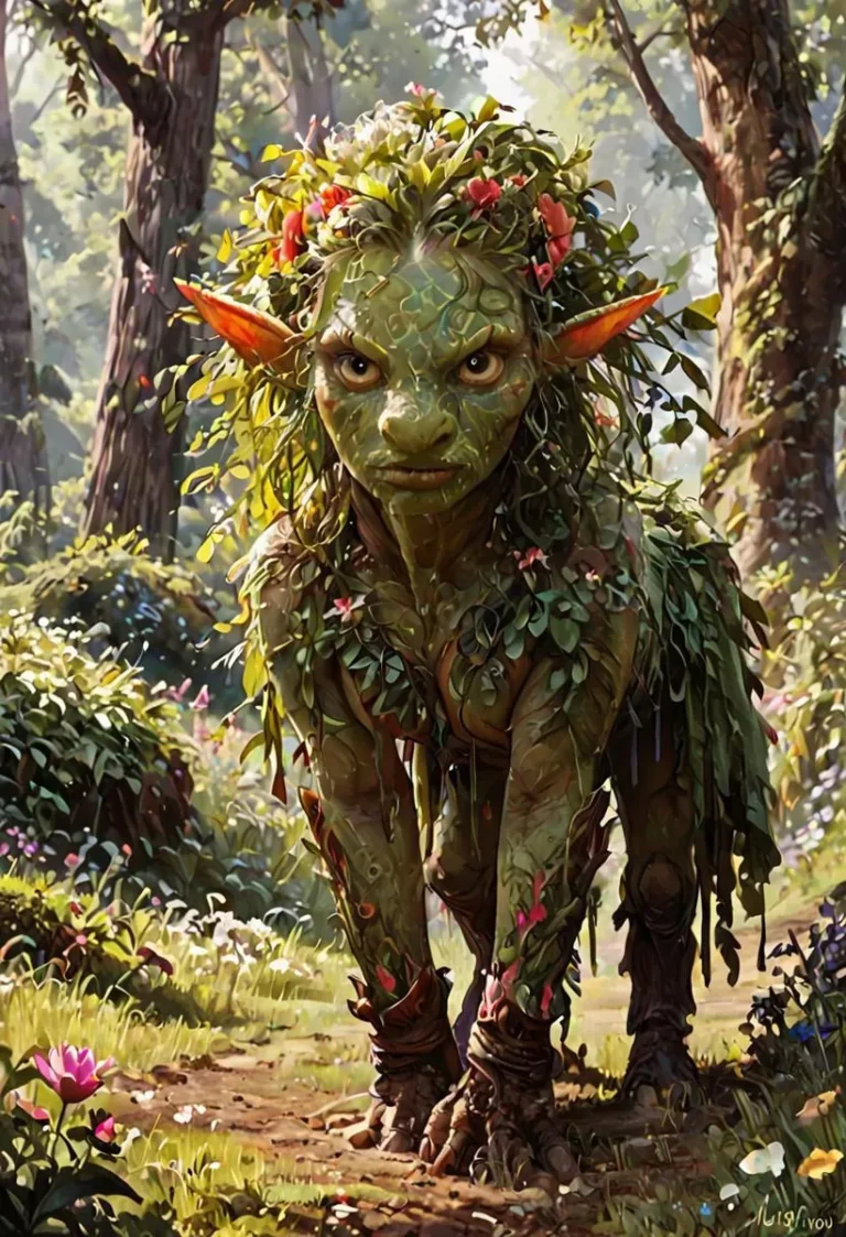 A detailed fantasy creature resembling an elf in a lush, leafy forest.