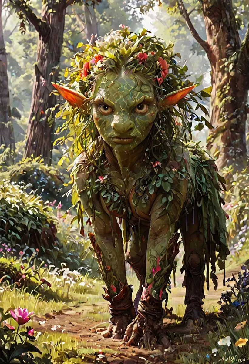 A detailed fantasy creature resembling an elf in a lush, leafy forest.