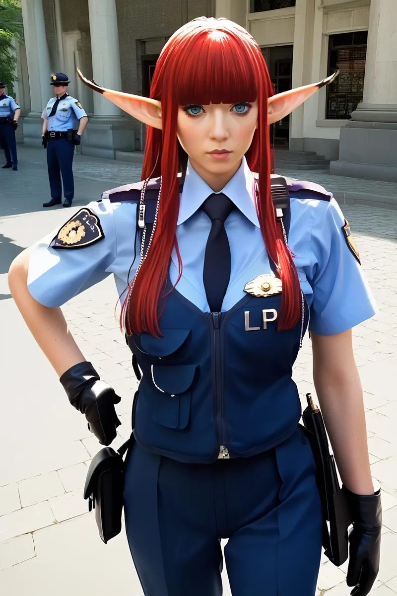 A Japanese policewoman with elf features, long red hair, in a police uniform stands confidently outside a building.