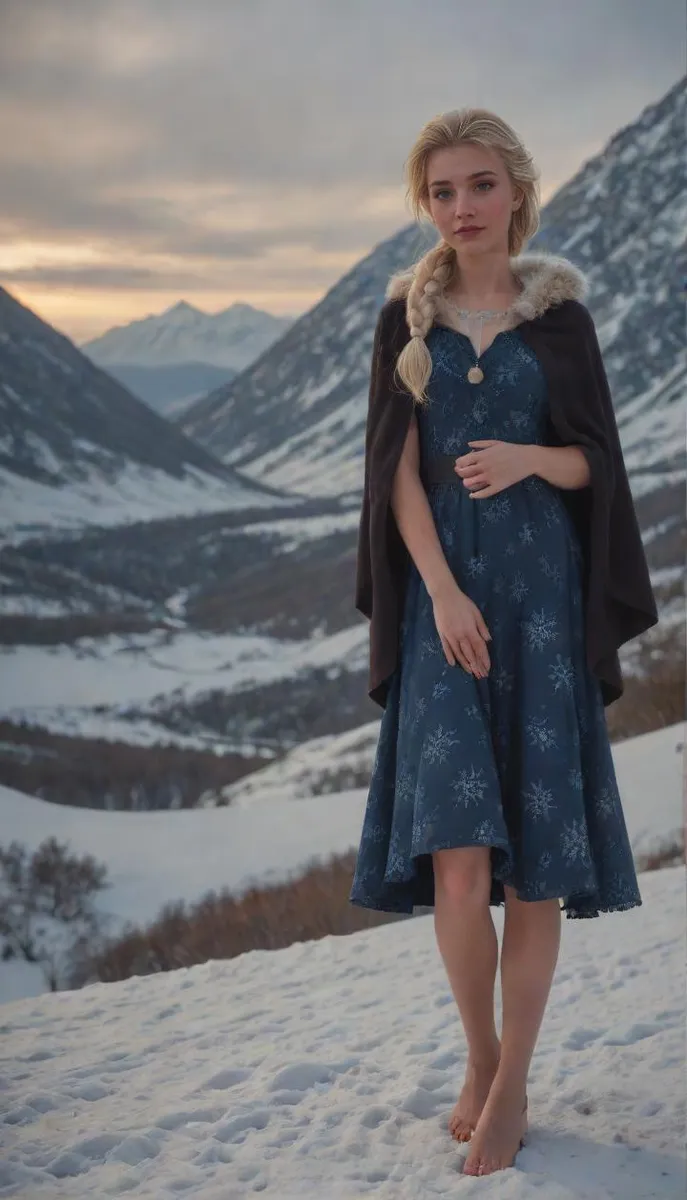 Character resembling Elsa with a dark cape and snowflake dress stands in a snowy mountain scene.