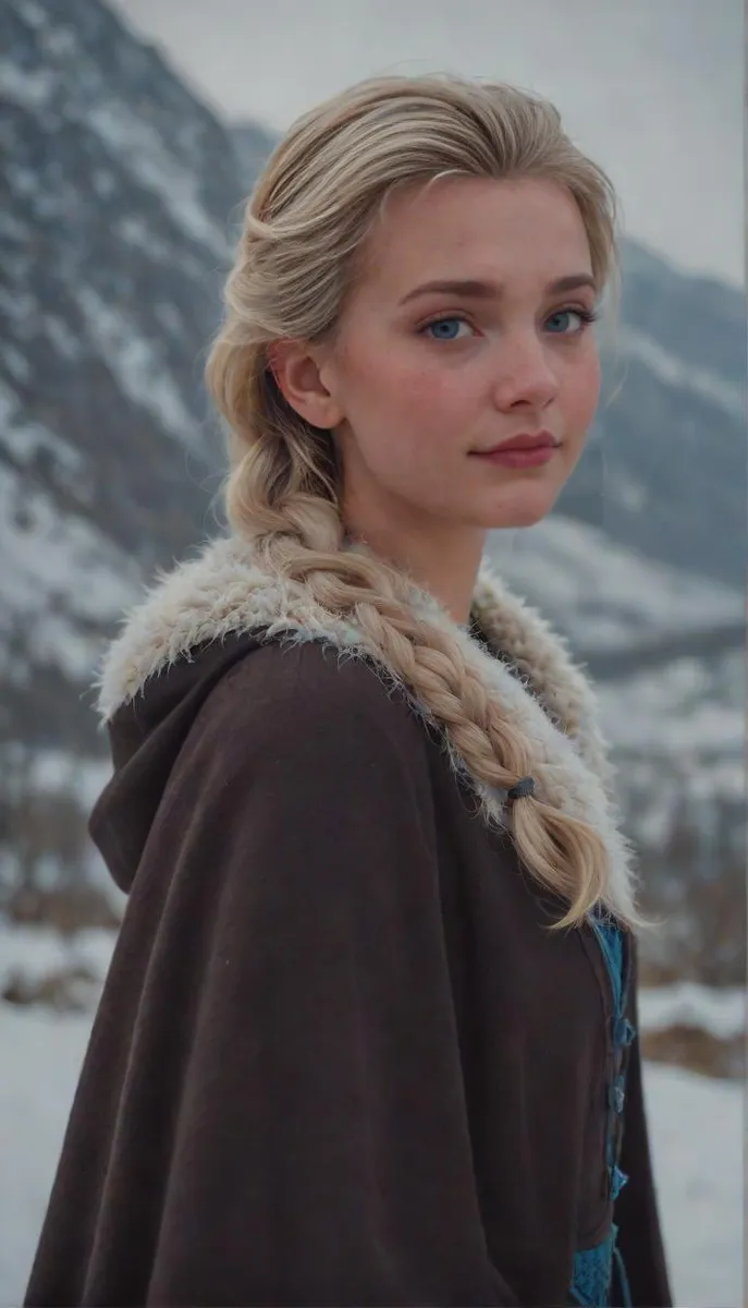 Character in dark cape with fur trim, blonde single braid, snowy mountain backdrop, light smile.