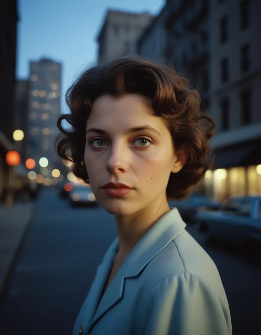 A close-up portrait of a woman during blue hour, influenced by Vivian Maier's style with a cityscape backdrop, rich in cinematic color and detail.