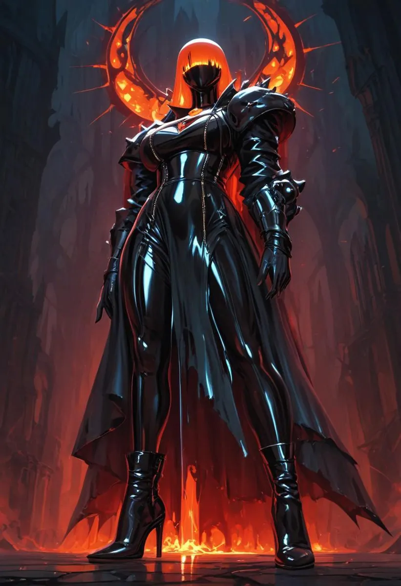 A tall faceless woman in a black zentai suit and balaclava stands by a motorcycle at a haunted castle gate, glowing red accents at night.