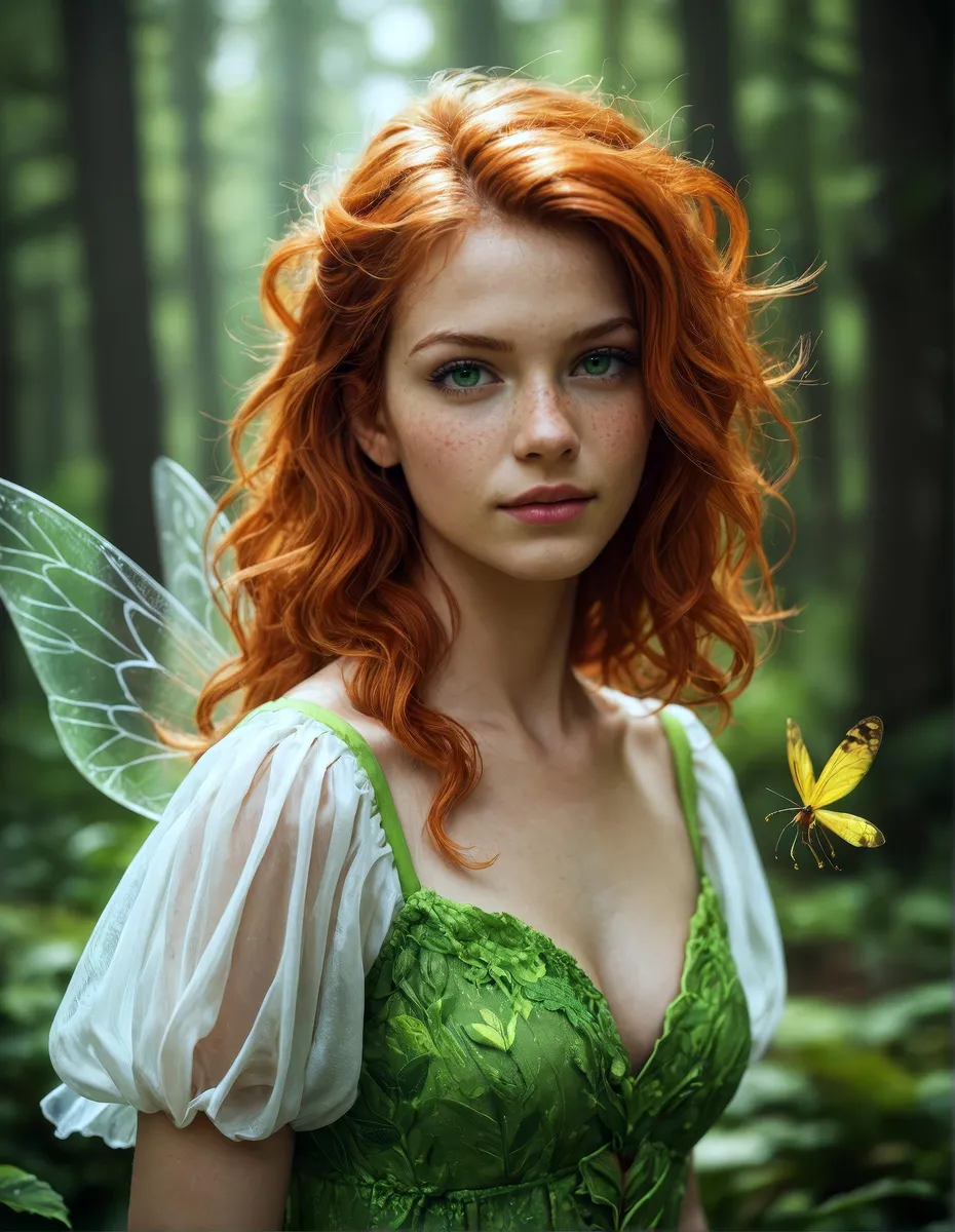 A realistic fairy with ginger hair and green eyes, wearing a green dress, standing in a forest with transparent wings and surrounded by fireflies.