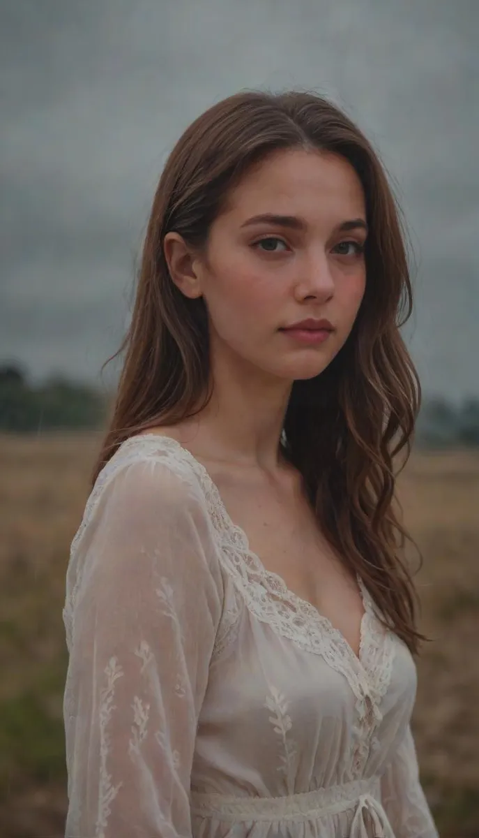 A woman in a dark dress stands in the rain with a mysterious expression, amid a backdrop of thunder and lightning.