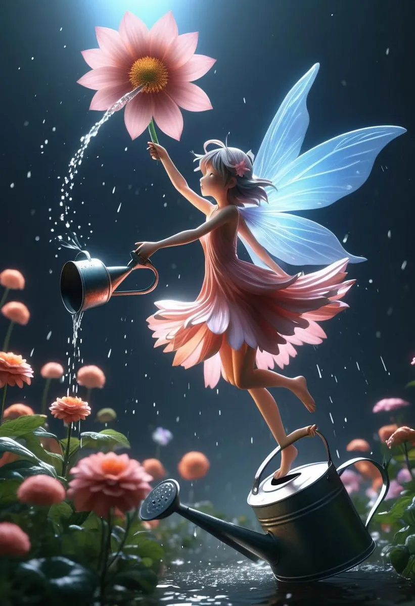 Anime-style fairy flying above a giant flower using a watering can in a surreal fantasy setting.