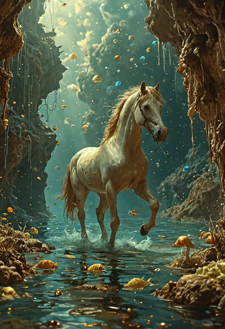 Fantasy scene with lime and brown horse in bioluminescent grotto.