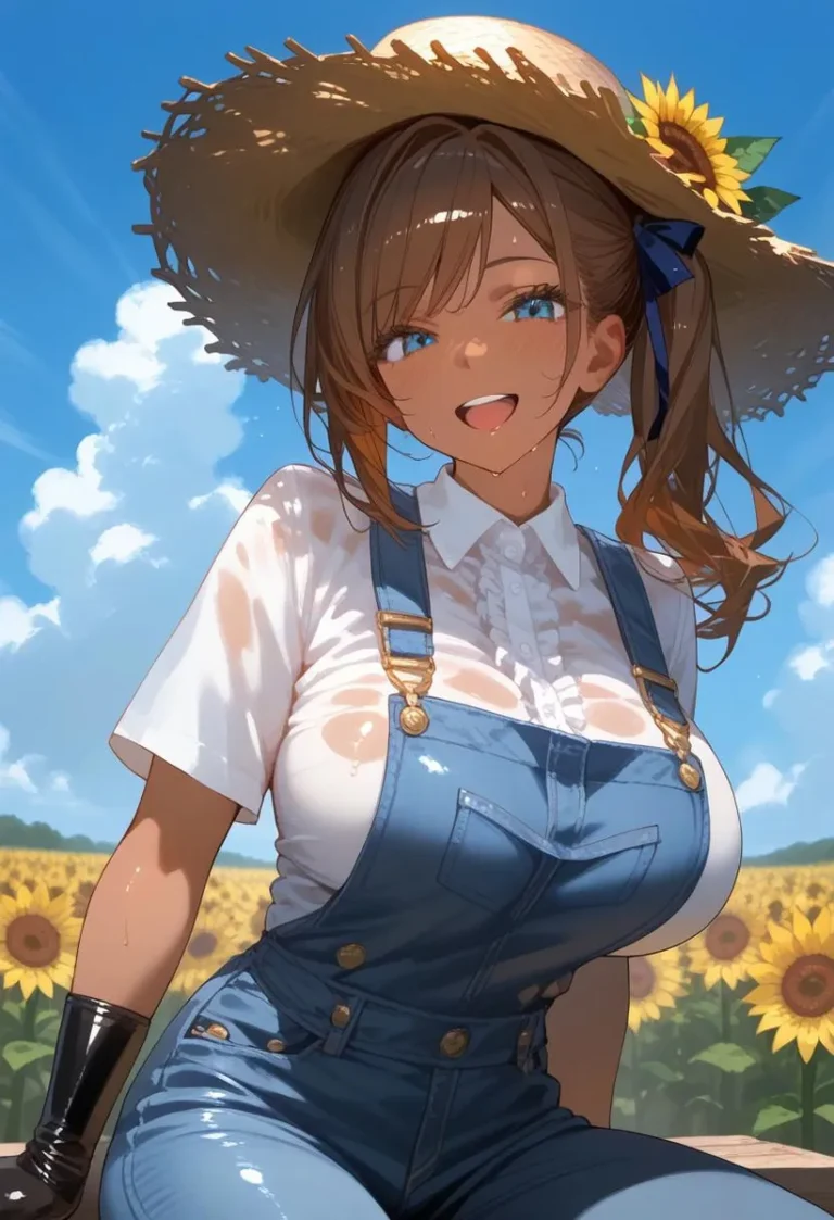 Anime girl with tan skin in a sunflower field wearing overalls and a straw hat, smiling at the viewer with a light blush.