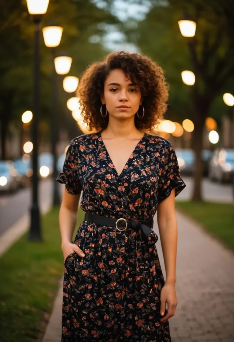 Woman with curly hair in floral dress stands on tree-lined pathway at dusk with street lights and bokeh background.