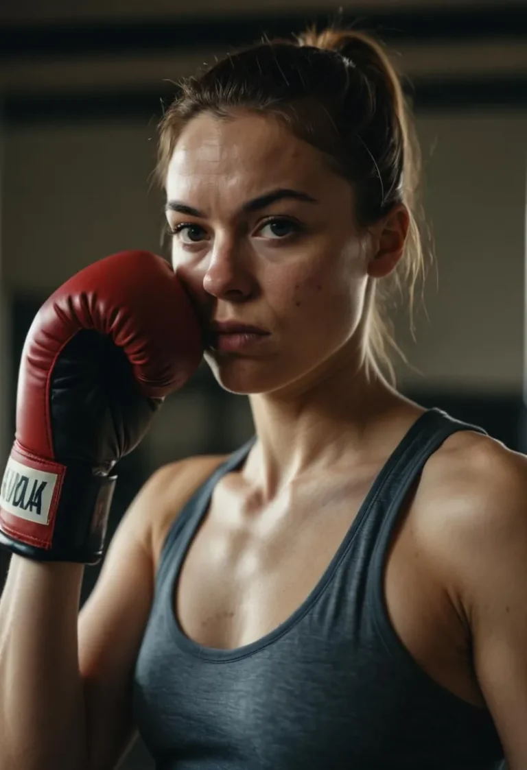 Close-up portrait of a serious female boxer in training, featuring detailed Kodak-inspired bokeh effects and a dark, moody atmosphere.