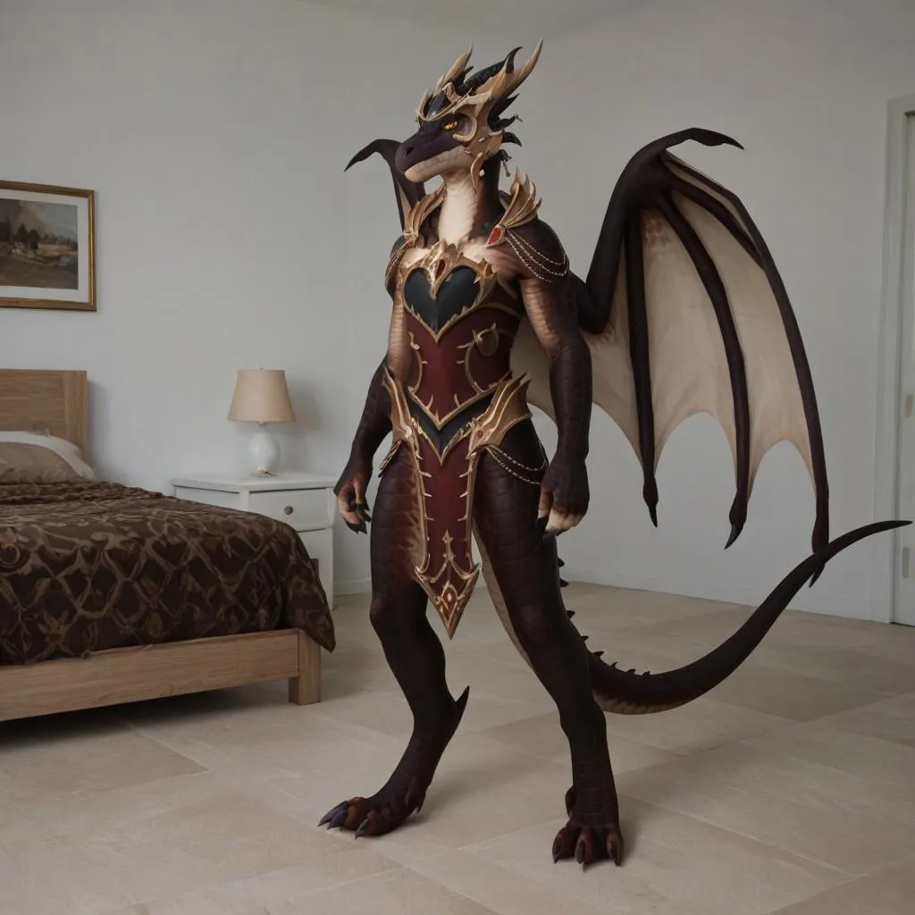 A female dragon character with black scales in an intimidating pose wearing detailed armor in a bedroom setting.