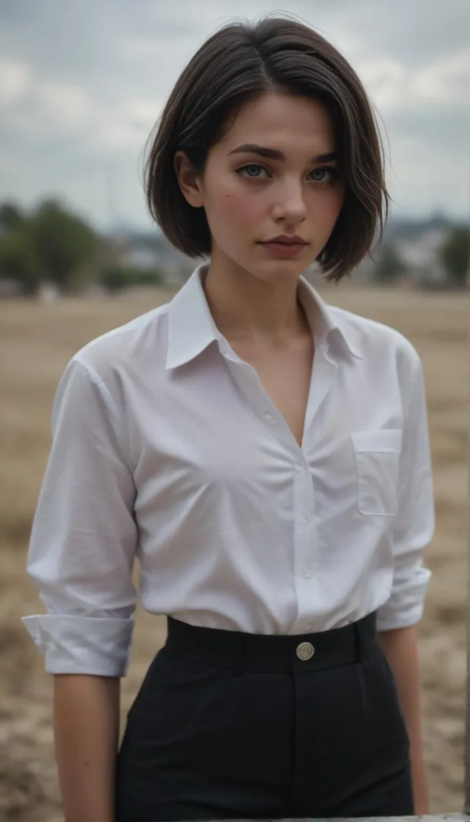 Feminine-faced femboy with short bob cut hair and grey eyes, dressed in business attire, poses outdoors.