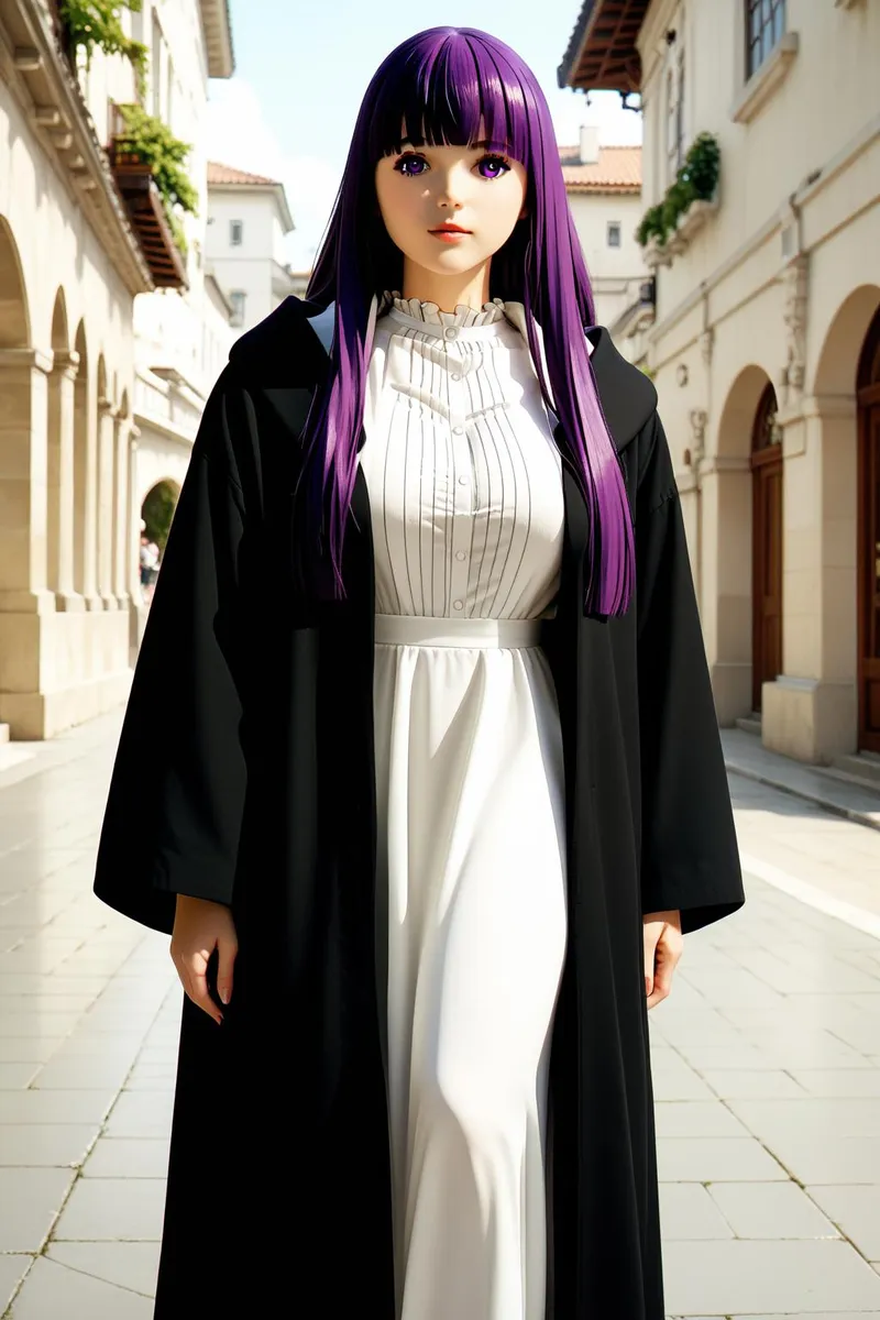 FernSSnF with long purple hair, wearing a white dress and black robe, standing outdoors, looking directly at the viewer.