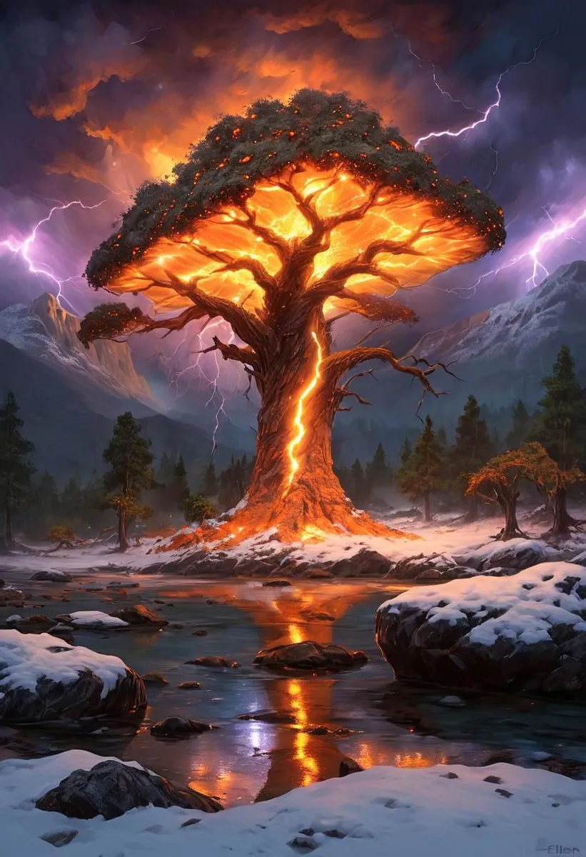 A vibrant orange bioluminescent tree amidst a lightning-struck mountain landscape with snow-covered rocks and a serene stream.