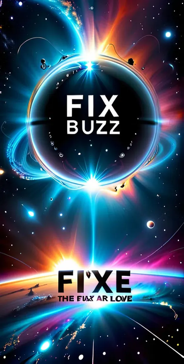 色とりどりの宇宙で 'Fix Buzz' のテキストを特徴とするビッグバンとブラックホールを含む宇宙ロゴ。