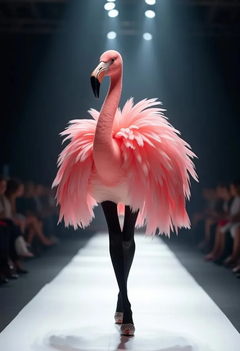 Flamingo struts on runway, pink feathers, black stockings.