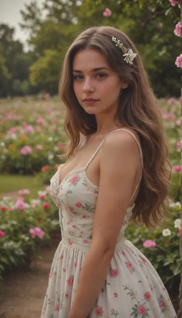 A flirty model in a flower-patterned dress with a floral arch background in a western comics style.