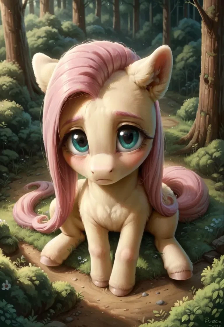 A sad Fluttershy pony with large eyes sitting in a forest, showcasing a symmetrical composition with blushing and subtle smile.