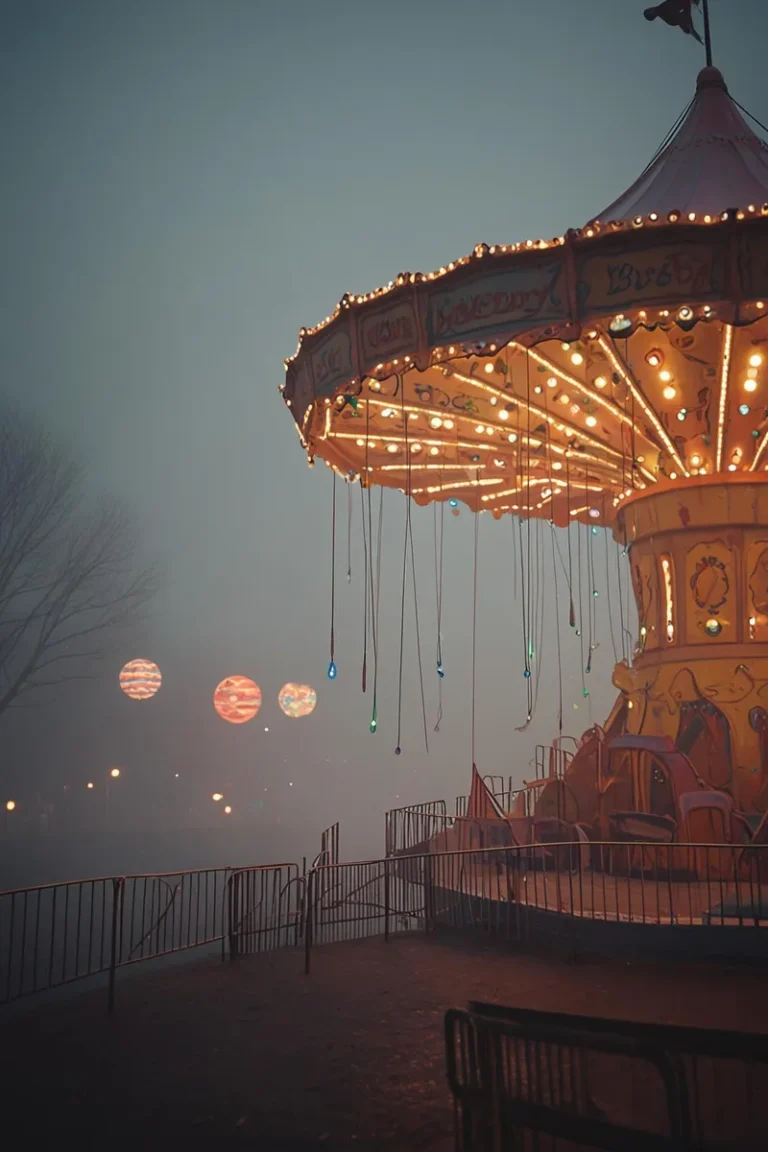 Foggy carnival scene at an amusement park with dim, colorful lights creating a mysterious atmosphere.