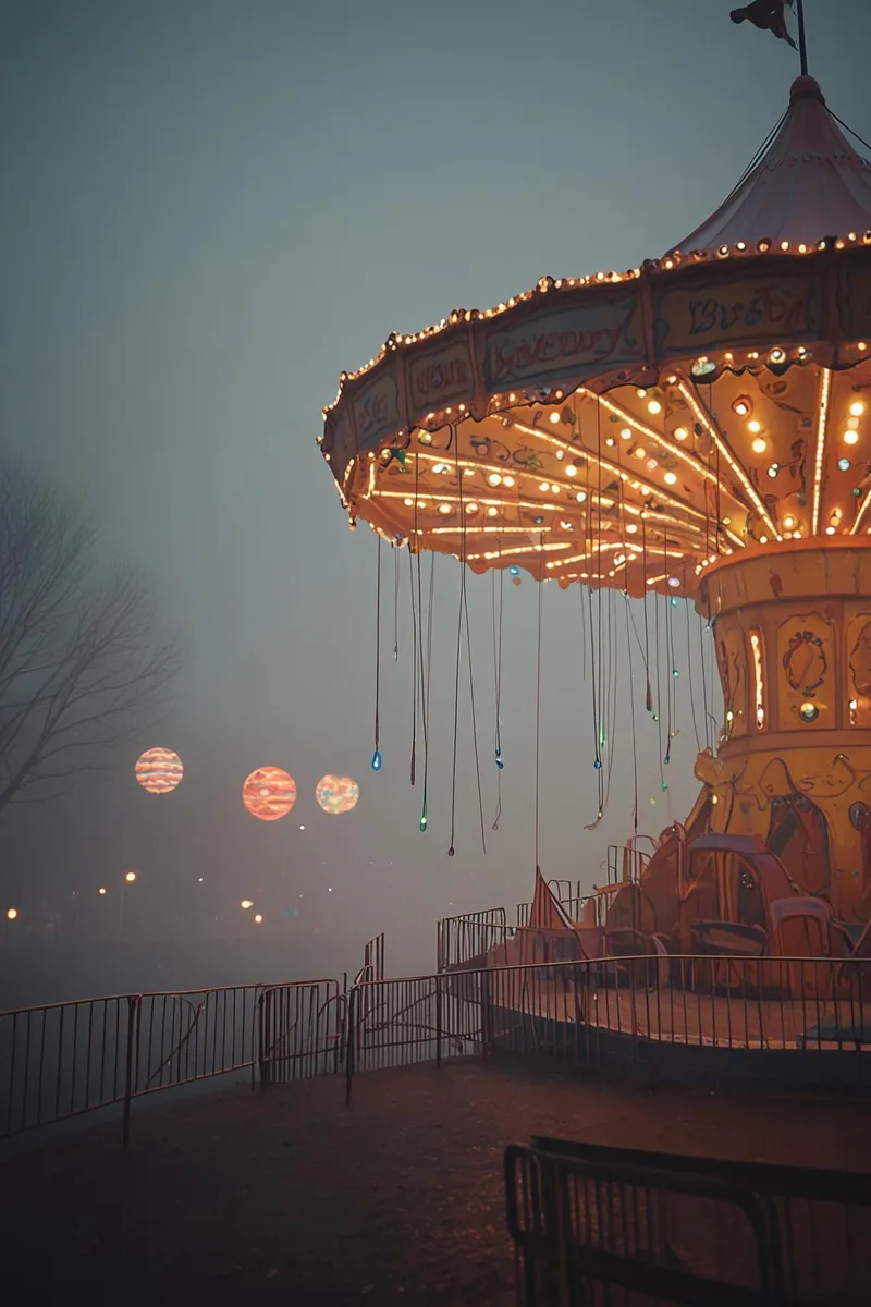 Foggy carnival scene at an amusement park with dim, colorful lights creating a mysterious atmosphere.