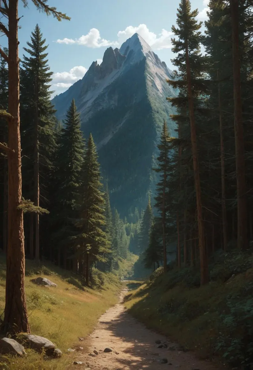 A forest path leading towards a towering mountain under a clear sky, surrounded by trees with intricate shadows and fine details.