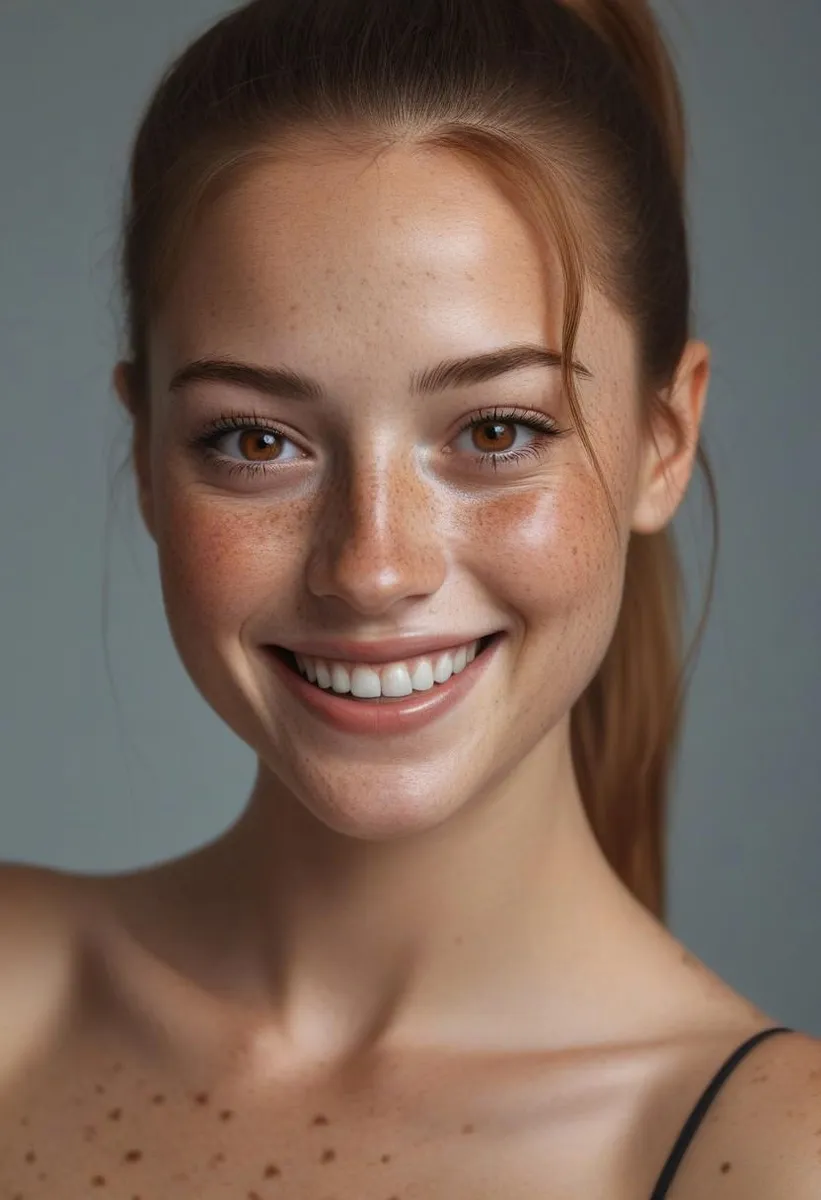 Portrait of a smiling woman with freckles, ponytail, and hazel eyes in soft light.