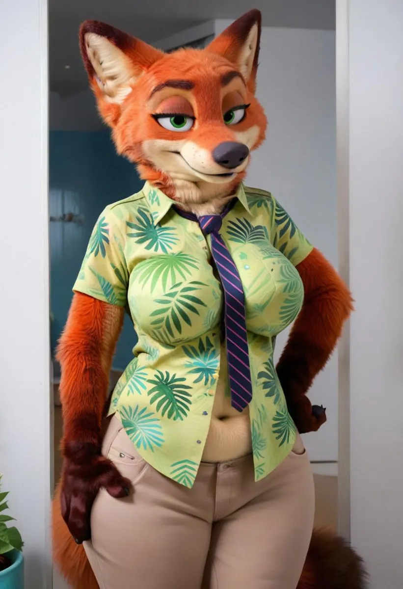 Anthropomorphic character with green eyes and Hawaiian shirt in a fursuit.